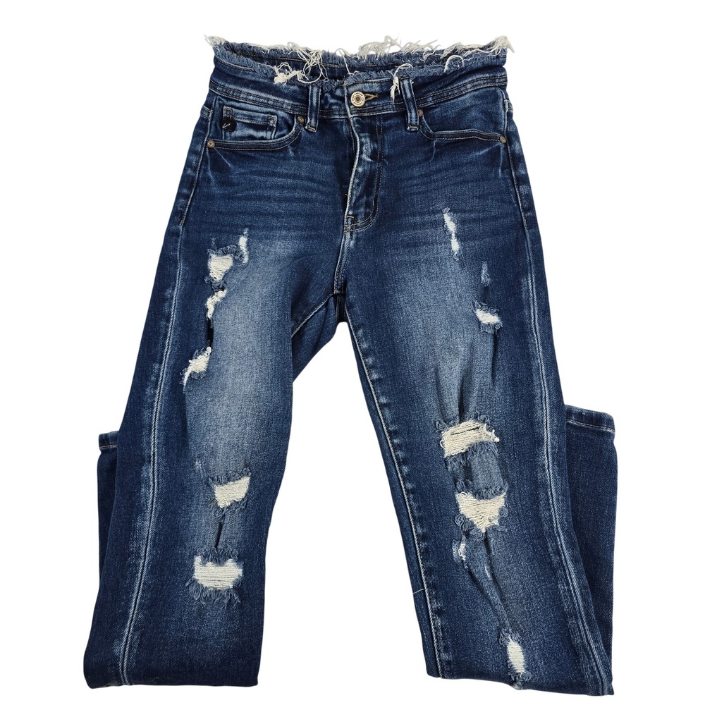 Kancan Womens Size 26 Dark Wash Distressed Ripped Raw Hem Skinny Jeans